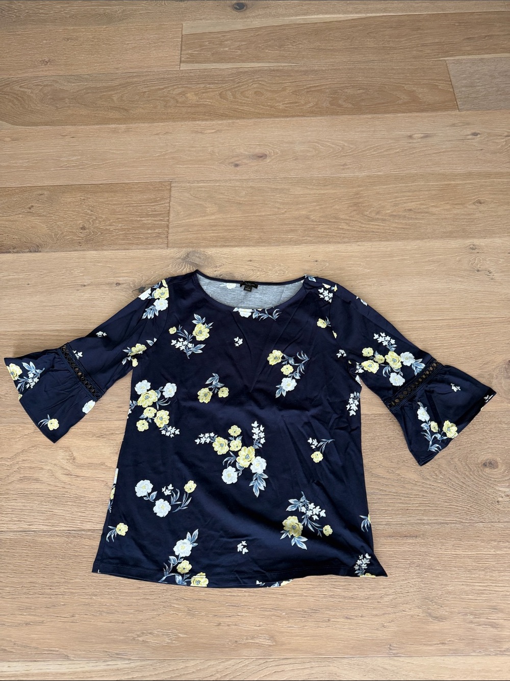 Ann Taylor Factory Navy Floral Bell-Sleeve Blouse